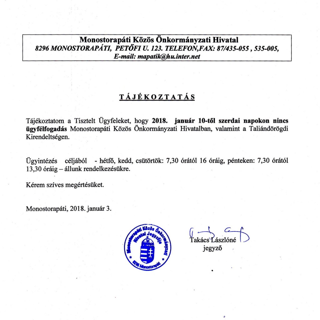 Ügyfélfogadási idő változás Tajekoztatas 1024x1024